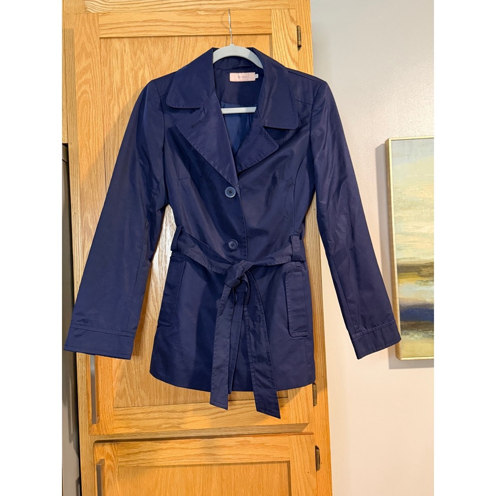 John Lewis Navy Blue Short Trench Coat Belted Cotton Blend Jacket Womens 10